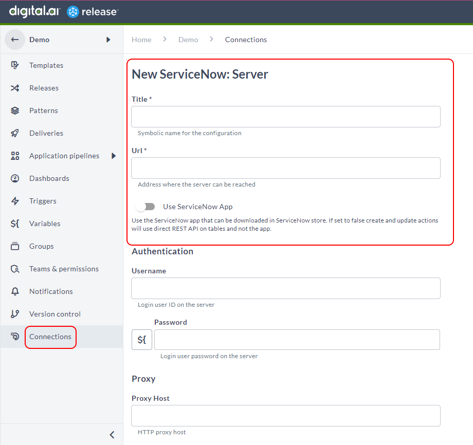 Setup Connection to the ServiceNow server from Digital.ai Release