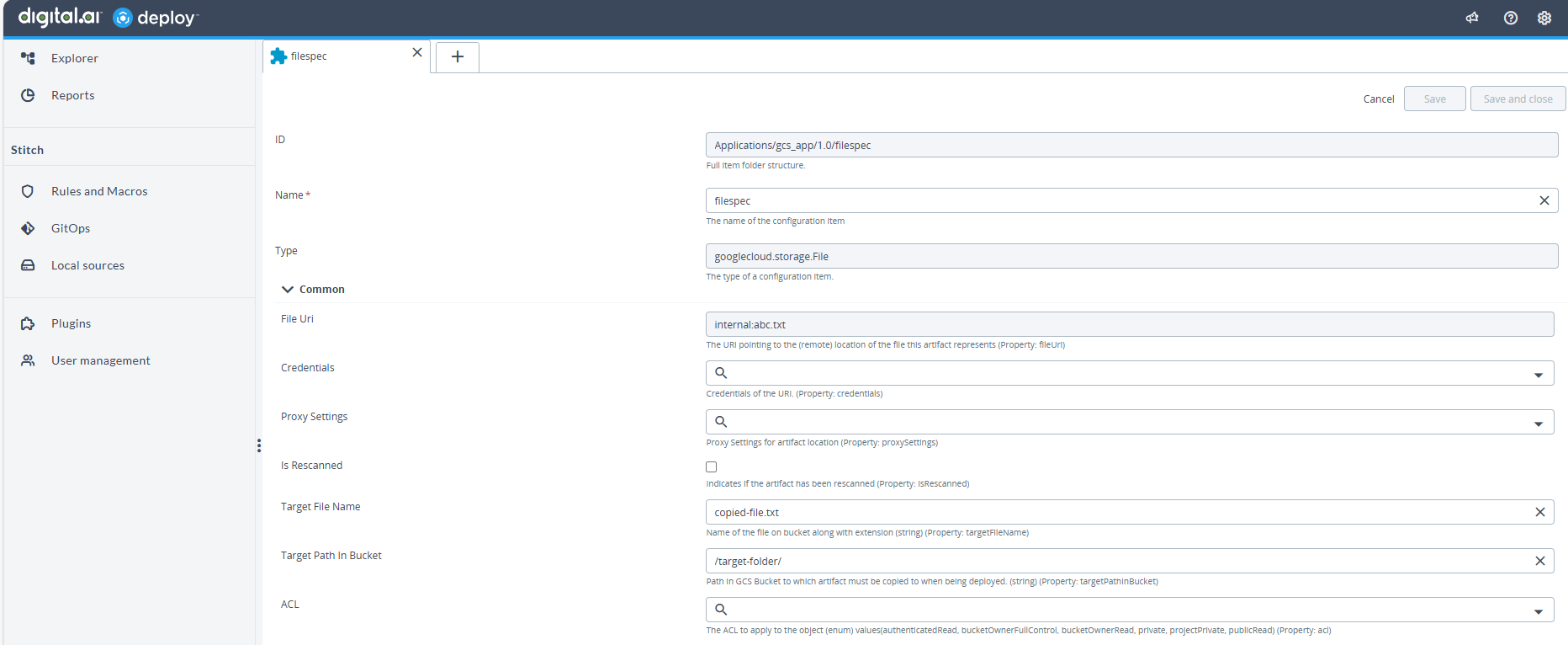 Google Cloud Storage FileSpec