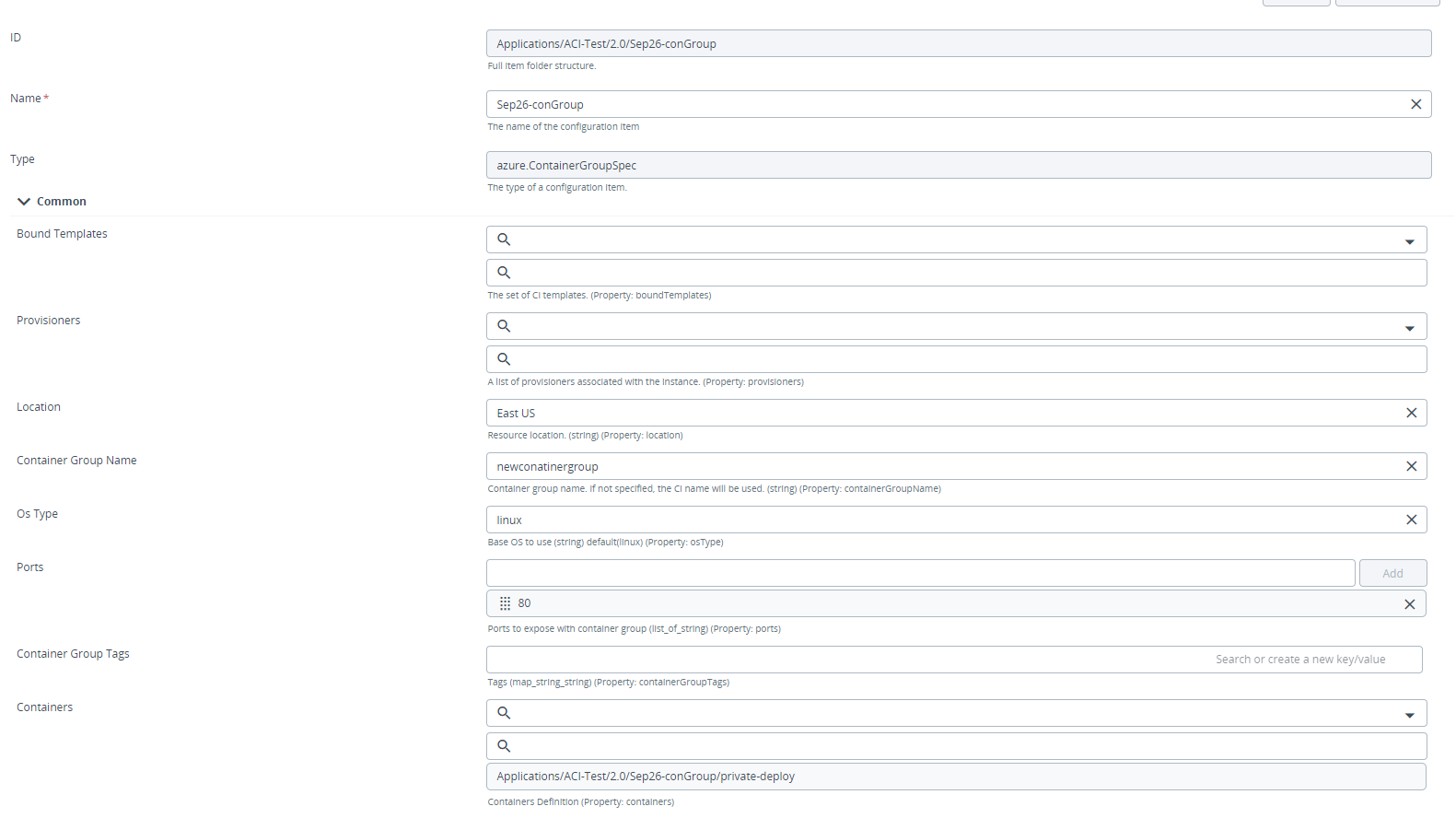 Azure Create Container Group in Azure Resource Group with Instance spec